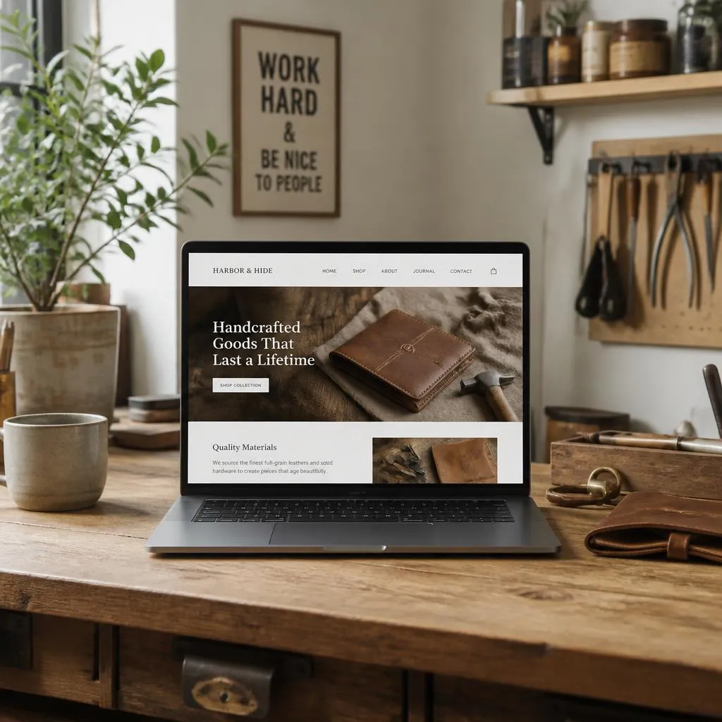 Un site vitrine affiché sur un ordinateur portable dans un atelier d'artisan